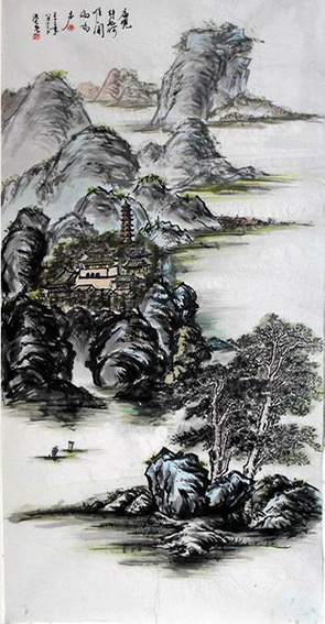 《庙观幽静图》132x68cm 2003年